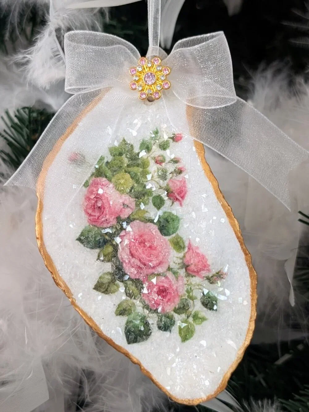 Pink Rose Decoupage Oyster Shell Christmas Ornament Shabby Cottage Chic